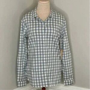 QOR Long Sleeve Button Down Gingham Gray and White Shirt Size Medium NWT